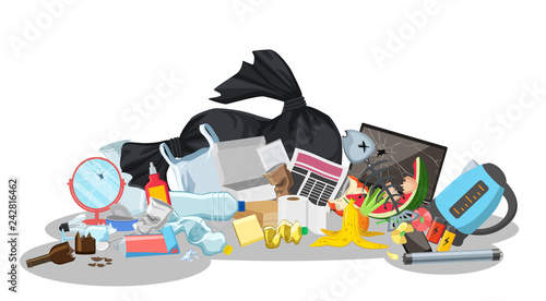 Garbage dump with rubbish bin for recycling. Different types of waste. Trash laying on the street. Environmental conservation vector infographics