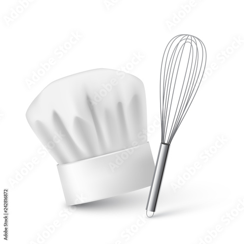 Realistic chef hat and kitchen whisk on plain background, vector illustration