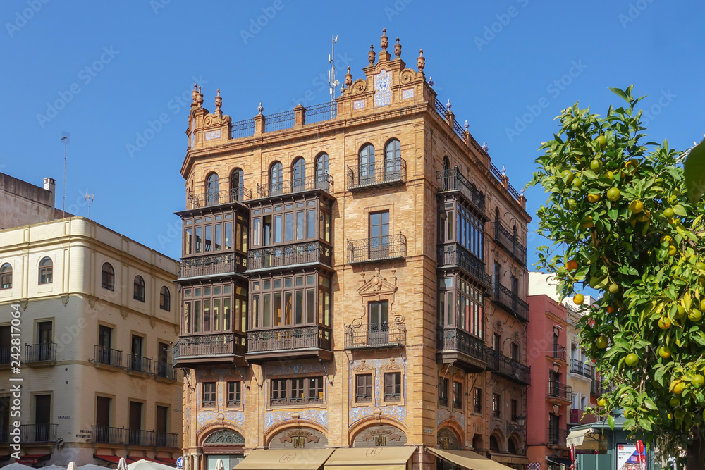 SEVILLA, SPAIN - January 13, 2018: Antique building view in Old Town Sevilla, Spain