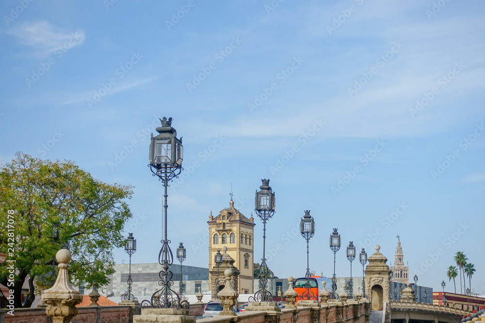 SEVILLA, SPAIN - January 13, 2018: Antique building view in Old Town Sevilla, Spain