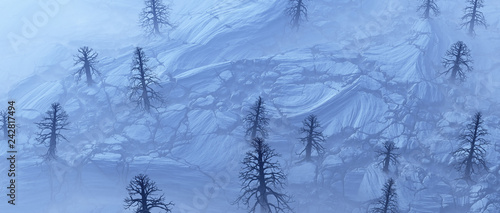 Aerial of bare trees in misty frozen cracked landscape.