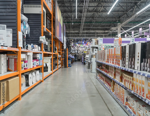 BELARUS, MINSK - NOVEMBER 28 2018 supermarket shelves background a large hardware store, appliances