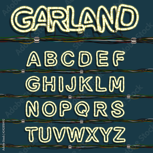 Neon garland font set, vector