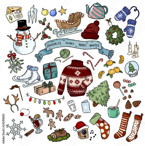 Christmas winter favourites doodles with lettering. Vector illustration.