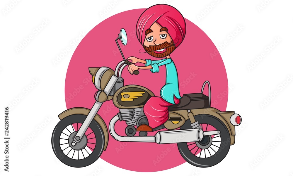 Vector cartoon illustration of punjabi man on bullet bike. Isolated on  white background. Stock Vector | Adobe Stock