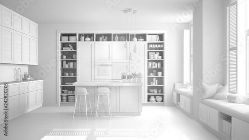 Total white project  unfinished draft of modern kitchen in contemporary luxury apartment  vintage retro interior design  architecture open space living room concept idea
