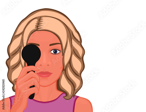 Vector illustration. Girl getting eye exam. Close-up view. For advertising and medical publications