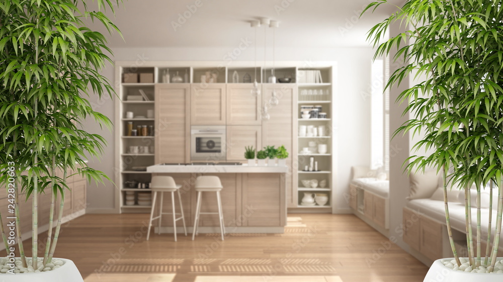 Zen Interior With Potted Bamboo Plant Natural Interior Design Concept Modern White Kitchen With Wooden Details In Contemporary Luxury Apartment Minimalist Architecture Stock Illustration Adobe Stock