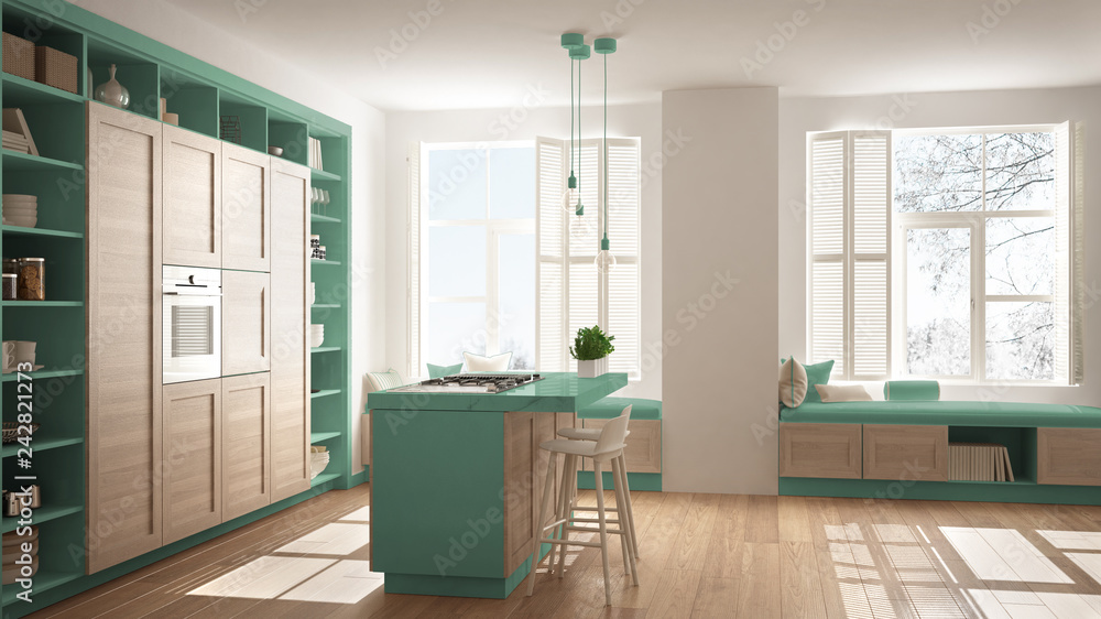 Modern turquoise kitchen with wooden details in contemporary luxury  apartment with parquet floor, vintage retro interior design, architecture  open space living room concept idea Stock Illustration