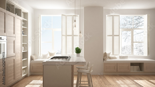 Modern white kitchen with wooden details in contemporary luxury apartment with parquet floor, vintage retro interior design, architecture open space living room concept idea © ArchiVIZ
