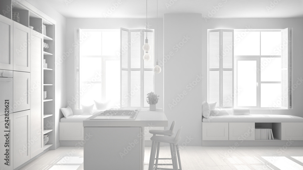 Total white project, unfinished draft of modern kitchen in contemporary luxury apartment, vintage retro interior design, architecture open space living room concept idea Total white project, unfinished draft of modern kitchen in contemporary luxury apartment, vintage retro interior design, architecture open space living room concept idea