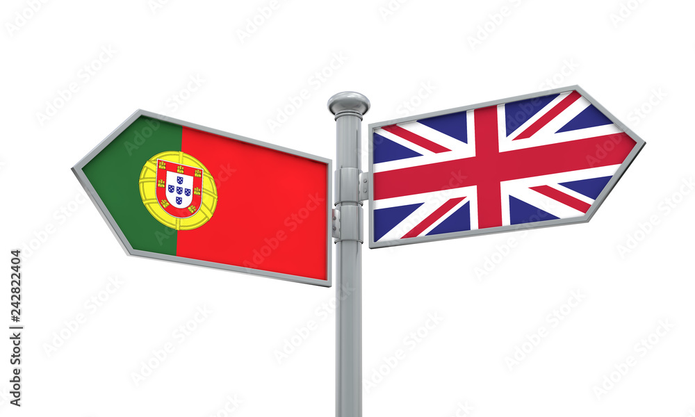 Portugal and United Kingdom guidepost. Moving in different directions. 3D Rendering Portugal and United Kingdom guidepost. Moving in different directions. 3D Rendering