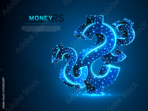 USD dollar wireframe digital illustration. Low poly business, data cash, and finance concept with lines, dots, and starry sky on blue background. Vector polygonal neon money symbol RGB
