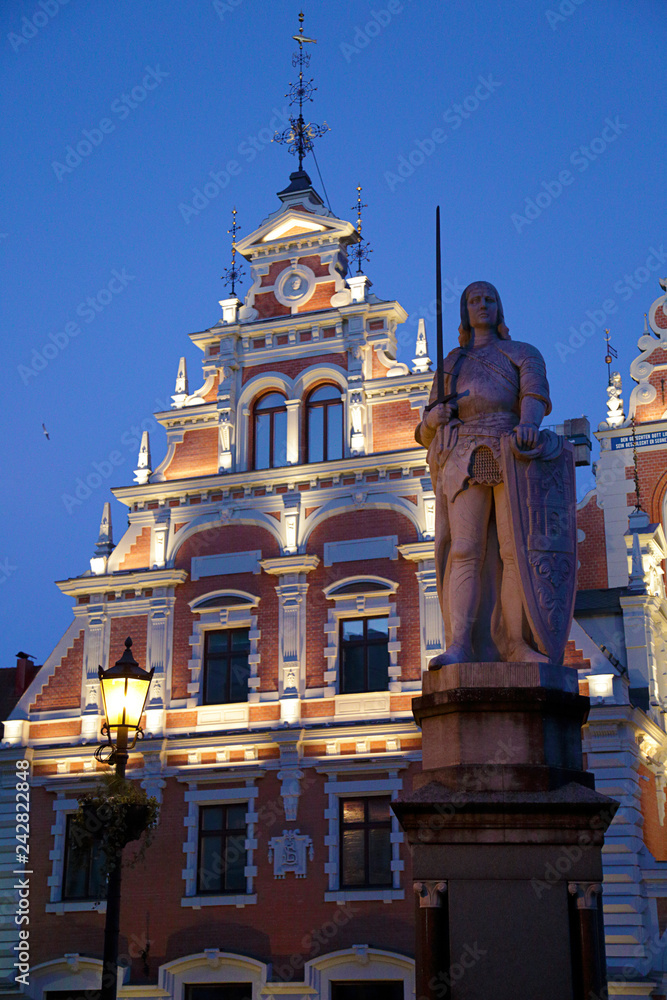Schwab House, House of the Blackheads and monument of Saint Roland, at Town Hall Square, Riga, Latvia