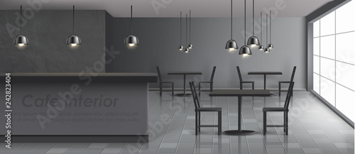 Modern cafe minimalistic design interior realistic vector banner. Bar counter, chairs and tables on tiled floor, big window, hanging ceiling-mounted lamps with black metal lampshades illustration