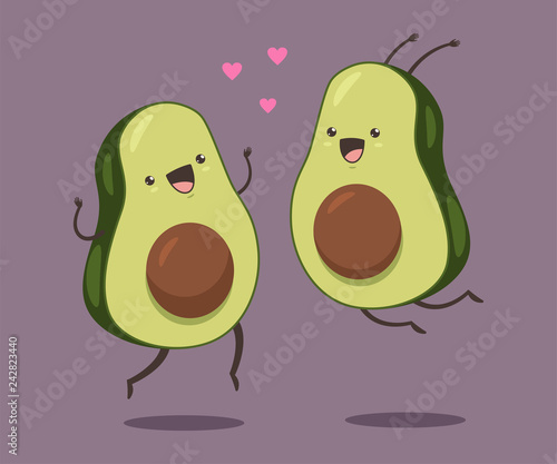 Cute avocado couple with hearts. Valentine Day vector cartoon funny fruit character isolated on background.