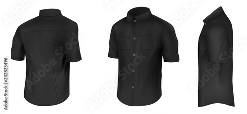 Empty mens classic black shirt with short sleeves and pockets on chest in half turn front, side and back view 3d realistic vector mockup isolated on white background. Casual clothing illustration