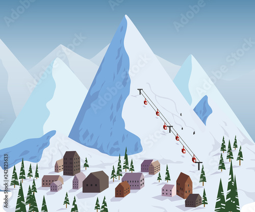 Ski resort. Beautiful landscape with mountains, houses, hotels, fir trees and ski lift. Vector illustration