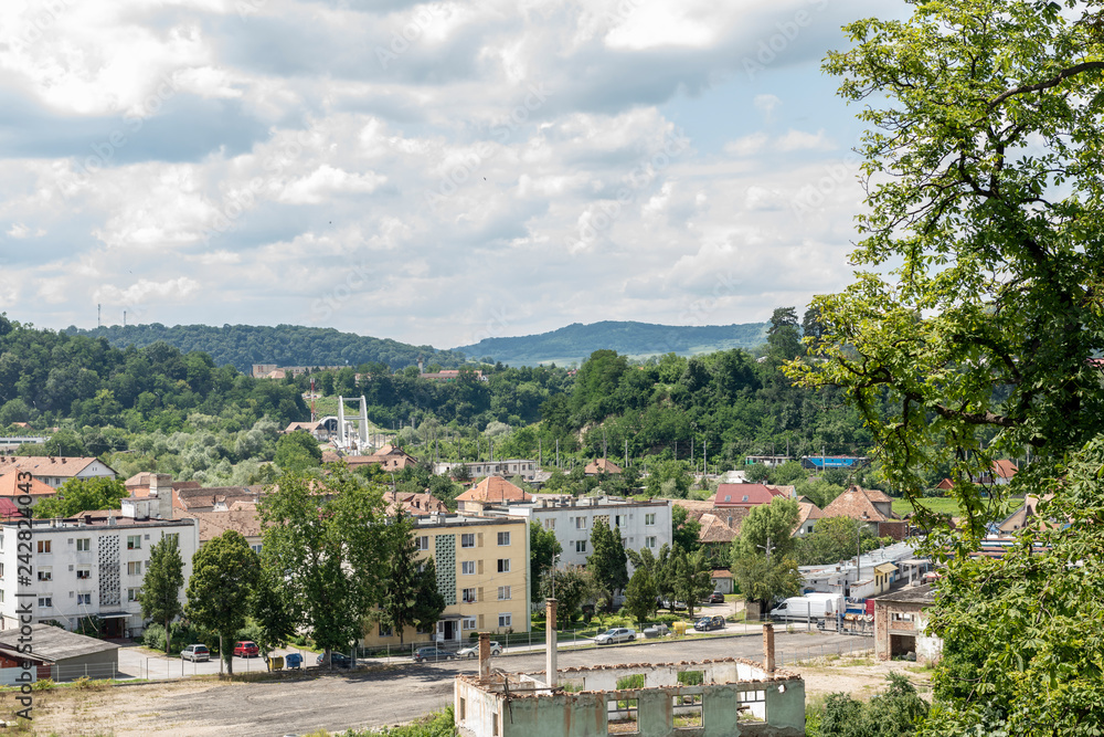 Street view in Sighisoara, medieval town of Transylvania, Romania 