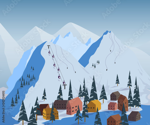 Ski resort. Beautiful landscape with mountains, houses, hotels, fir trees and ski lift. Vector illustration