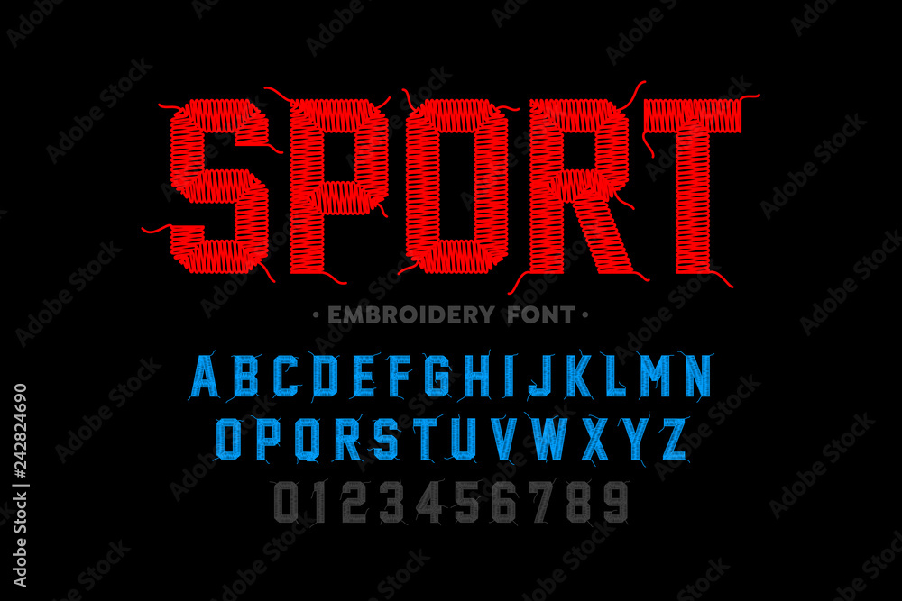 Plakat Embroidery font, sports style, stitched with thread alphabet letters and numbers