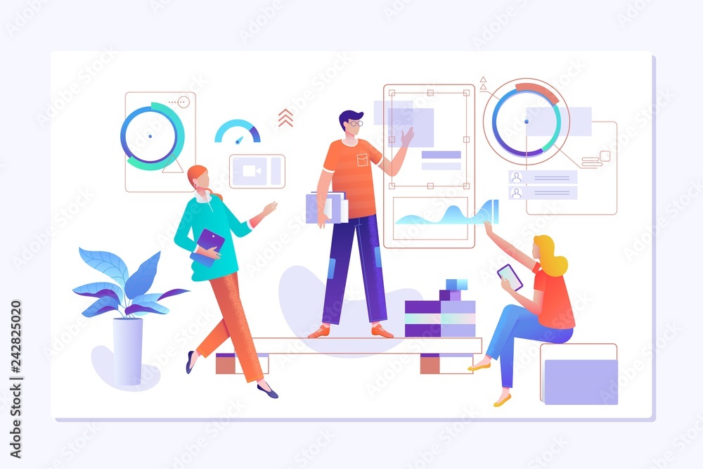 People work in a team and interact with graphs. Business, workflow management and office situations. Landing page template. Vector illustration. People work in a team and interact with graphs. Business, workflow management and office situations. Landing page template. Vector illustration.