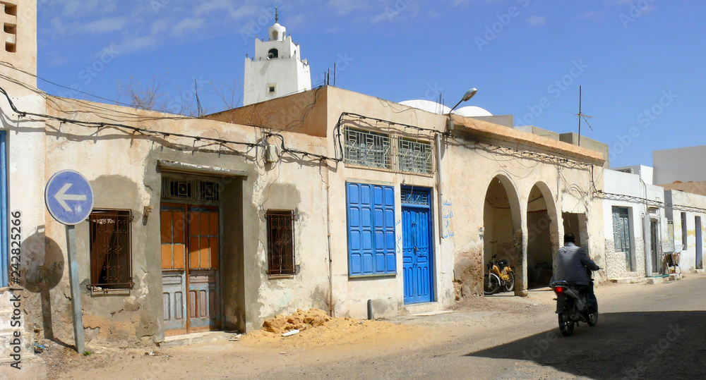 Tunisia, Djerba, , street and buildings of Ajim town. Djerba island. Northern Africa.