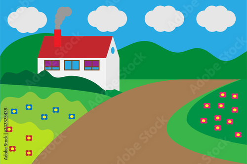 Paisaje primaveral con una casa.