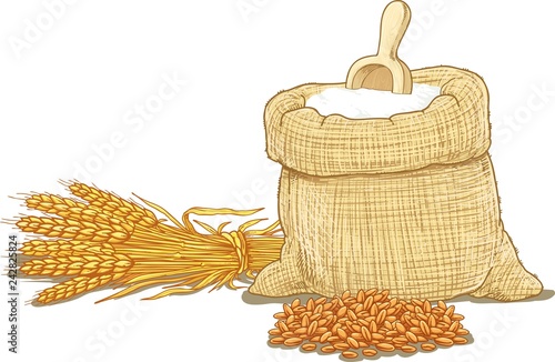 A bag of flour and a shovel, wheat, ears of wheat. Vector illustration
