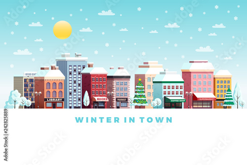 Fototapeta Naklejka Na Ścianę i Meble -  Winter Day City  Flat Poster 