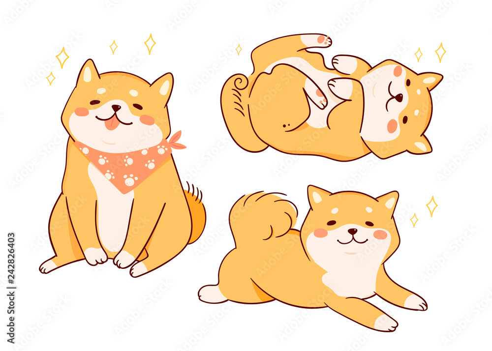 Cute Shiba Inu dogs in various poses. Hand drawn kawaii colored vector set.  All elements are isolated vector de Stock | Adobe Stock