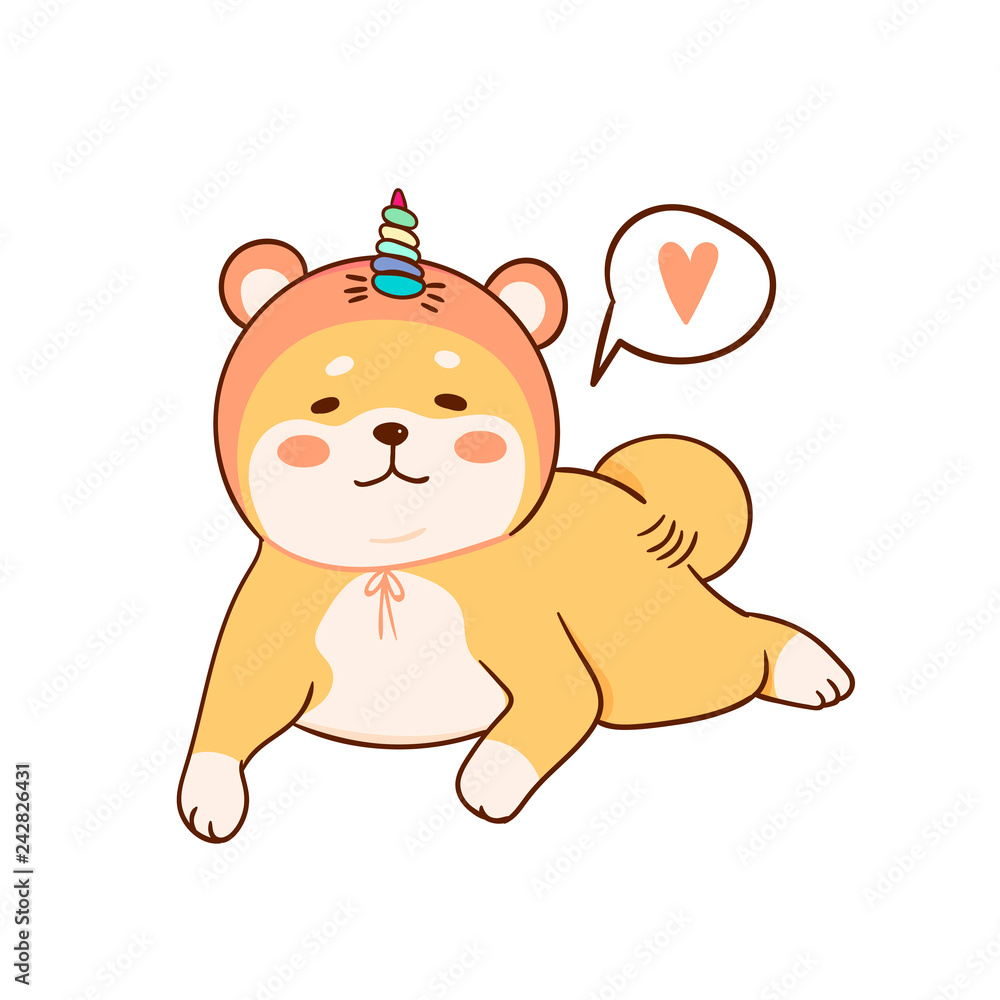 Obraz premium Cute Shiba Inu puppy with hat and unicorn horh. Hand drawn vector illustration