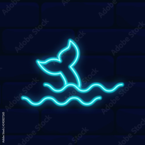 Fish Mermaid Undine in wave Neon Sign Vector. Mermaid in wave in neon style, design element, light banner, announcement neon signboard, night neon advensing. Vector Illustration