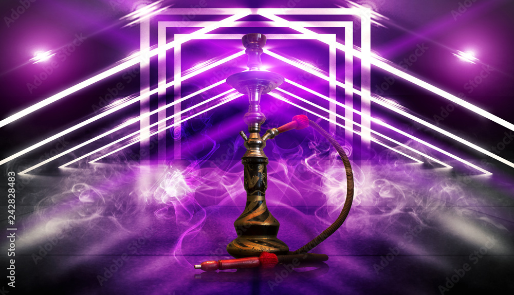 Hookah smoking on the background of an empty scene with a concrete floor, neon lights and smoke. Background trend color proton purple