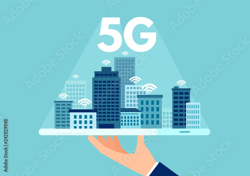 Vector of 5g network logo over the smart city with icons of town infrastructure skyscrapers.