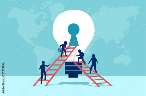 Vector of business people climbing up the ladder into light bulb open keyhole