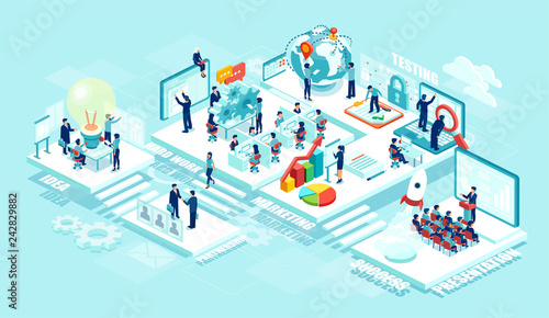 Isometric vector of virtual office with businesspeople, corporate employees working together on a new startup using mobile devices