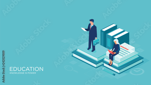 Education and learning isometric vector concept. People reading books