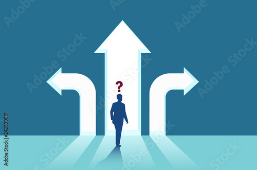 Vector of perplexed businessman with question mark standing in front of arrows crossroads