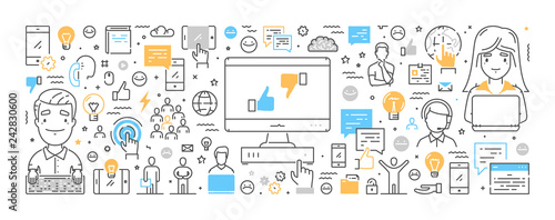 Vector line web banner for feedback. Modern linear concept for support.