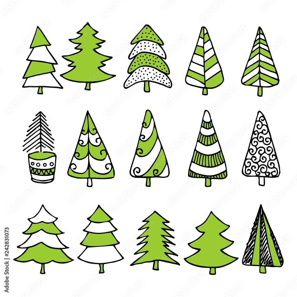 Obraz premium Hand-drawn Christmas trees for winter and holiday illustrations.
