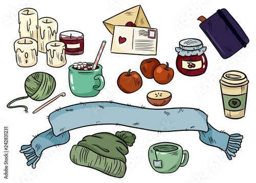 Cozy hygge doodles. Cute stickers for planners and botebooks. Candles, cocoa, cacao, scarf, hat, coffee, knitting, yarn.