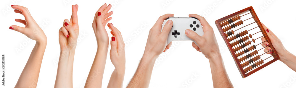 Multiple images set of female caucasian hand with objects isolated over white background Multiple images set of female caucasian hand with objects isolated over white background