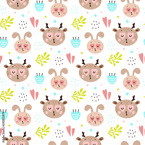 Seamless pattern with cute happy animals
