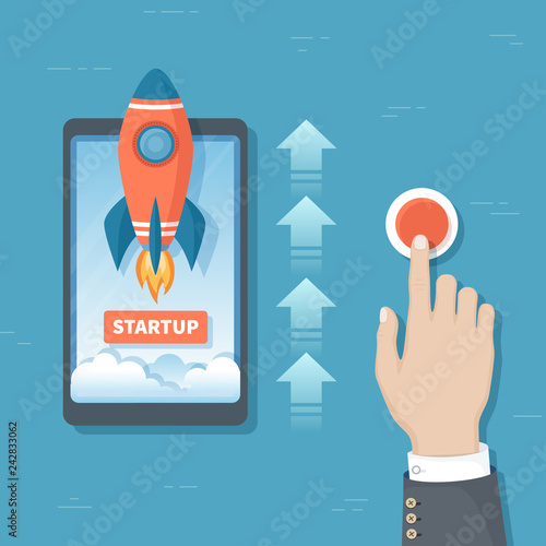 Businessman hand pushing the button to launch rocket from phone screen. Business project startup, financial planning, idea, strategy, management, realization, success. Vector