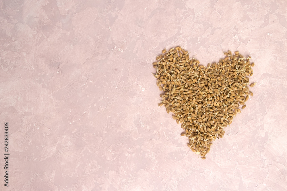 Sprouted wheat in shape of heart on a light background. toned Sprouted wheat in shape of heart on a light background. toned
