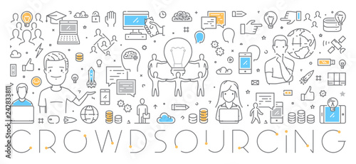 Vector line web banner for crowdsourcing. Modern linear concept for crowdfunding.