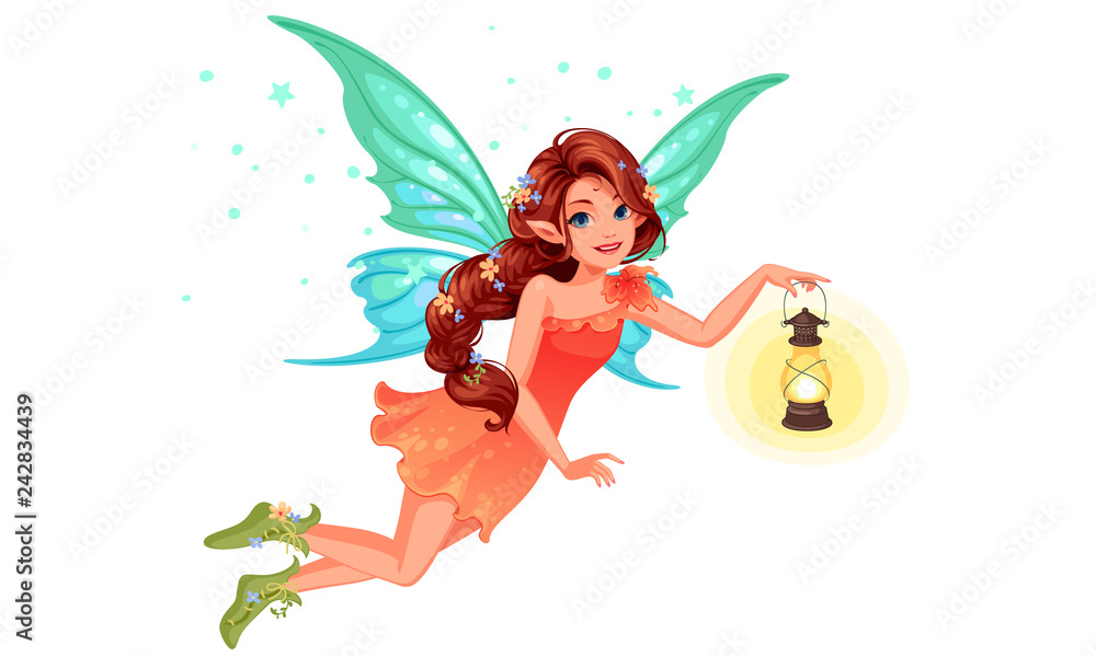 Beautiful cute fairy with long braided hairstyle holding a lantern Beautiful cute fairy with long braided hairstyle holding a lantern
