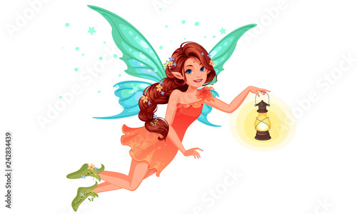 Beautiful cute fairy with long braided hairstyle holding a lantern