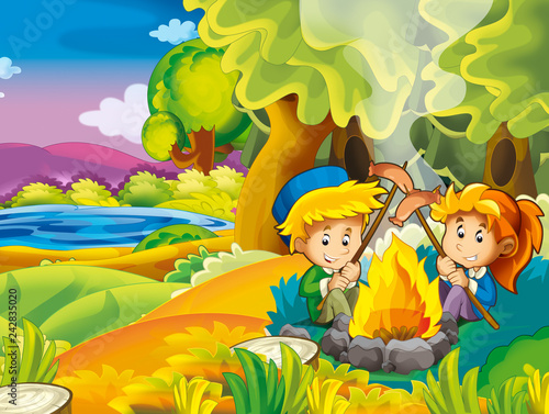 cartoon autumn nature background with kids having fun by the lake camping and grilling - illustration for children